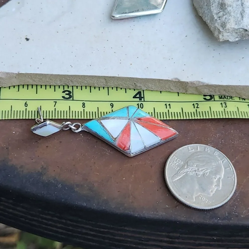 Vintage Zuni Channel Inlay Diamond Drop Earrings Turquoise MOP